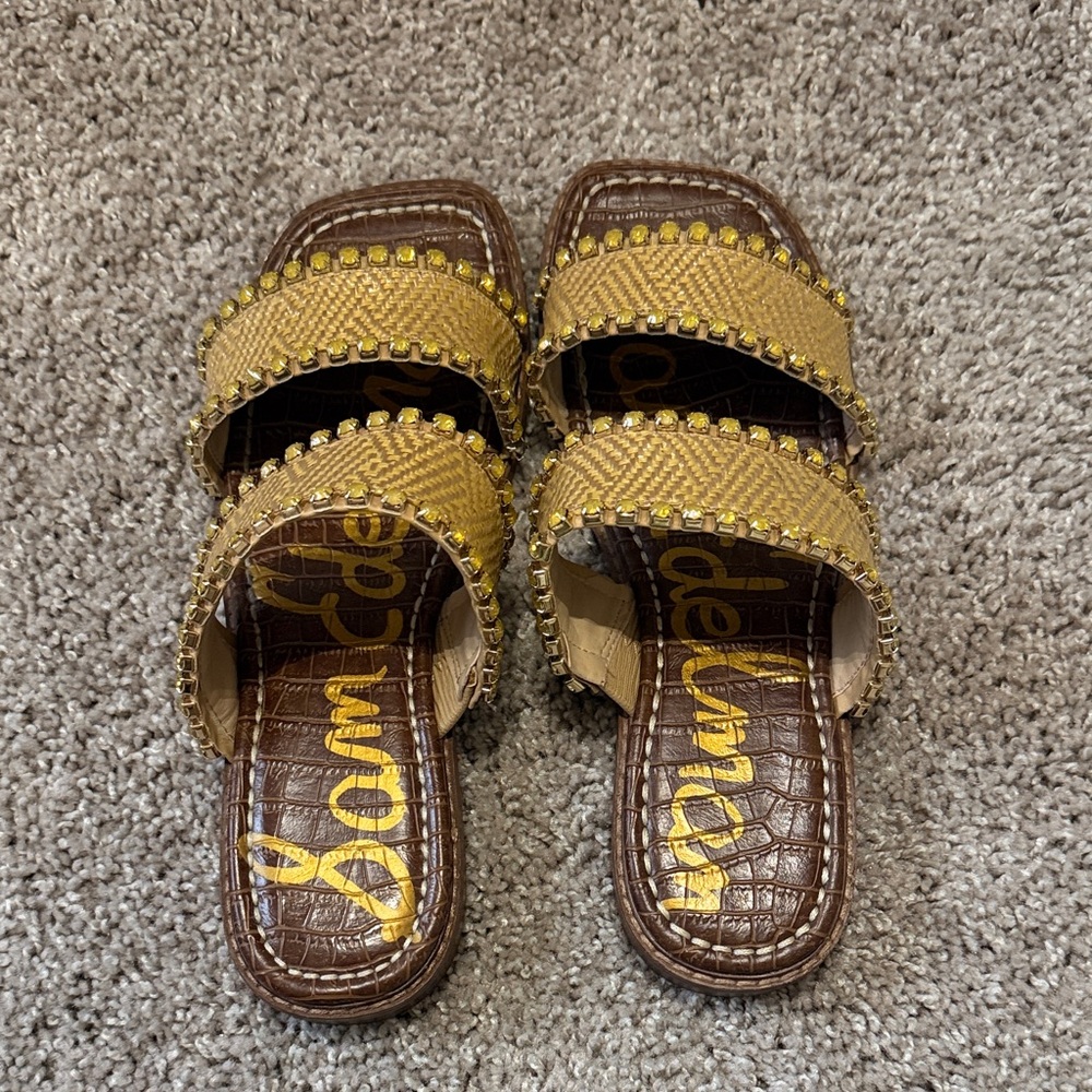 Sam Edelman Croc-Embossed Brown and Mustard Slides
